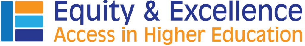 Equity & Excellence Access in Higher Education graphic with logo making an E of a vertical blue box and three horizontal lines that are orange, light blue, and dark blue