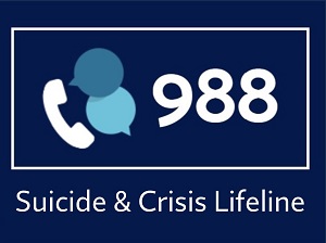 988 Suicide and Crisis Lifeline with icons of phone and chat bubble